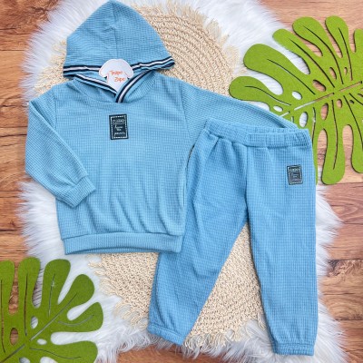 Conj. Casaco com Capuz Have This Power e Calça em Malha Wafle - Azul Jeans